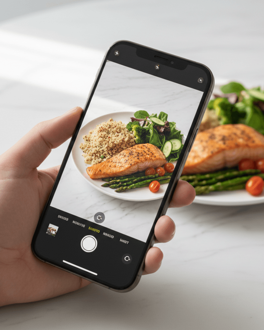 Phone camera pointed at a plate of food
