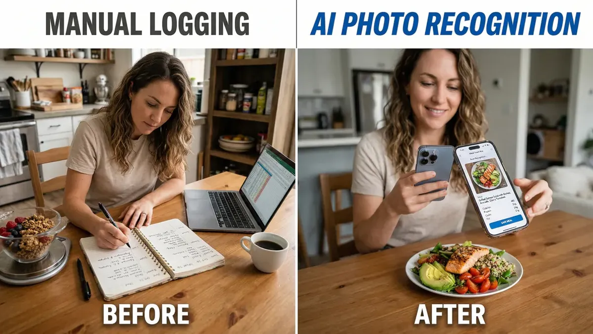 Een vrouw glimlacht terwijl ze een foto maakt van een gezonde salade met haar smartphone, die een calorie teller app toont die voedsel herkent.
