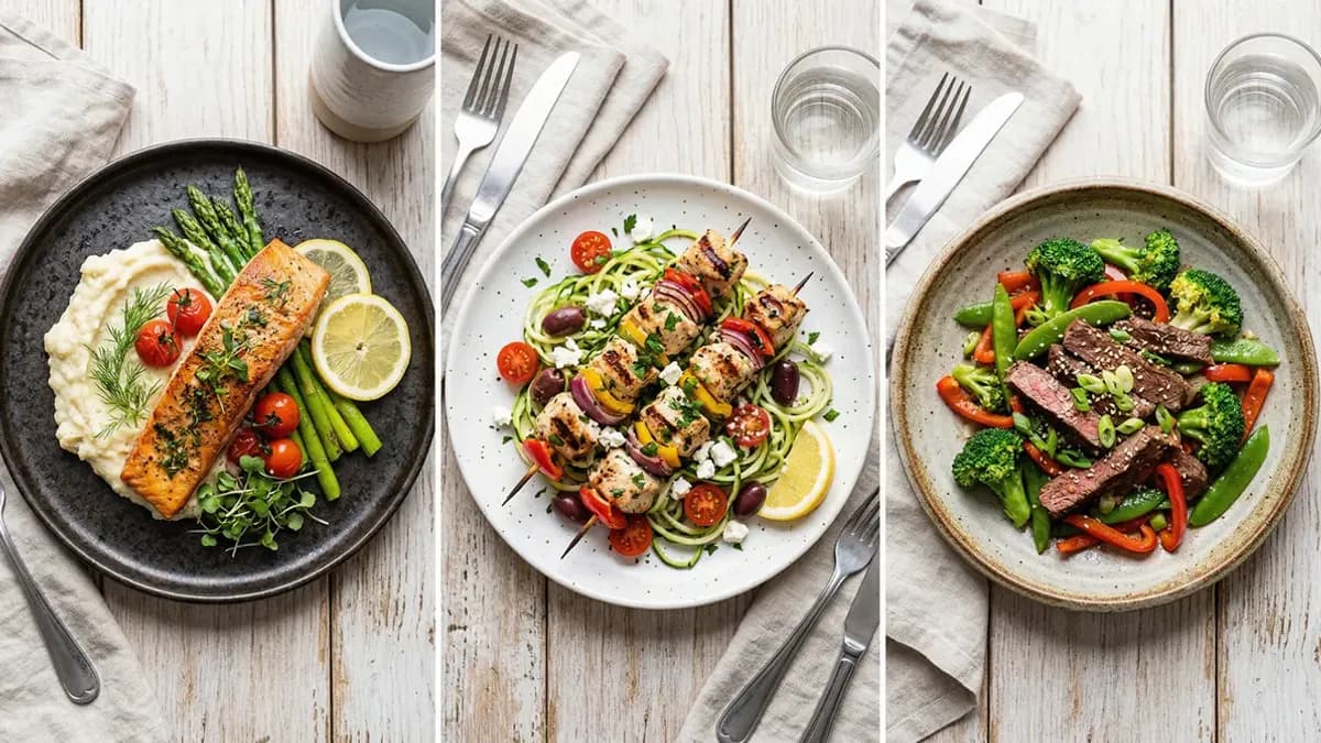 Grid of three low-carb meals beautifully plated, recipe inspiration photography with modern food styling