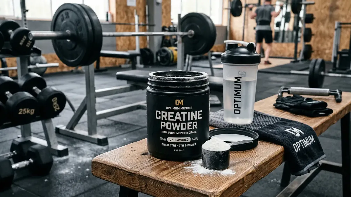 Creatine monohydraat poeder naast sportuitrusting en halters in een sportschool, illustratie van sportsuppletie voor kracht en spieropbouw