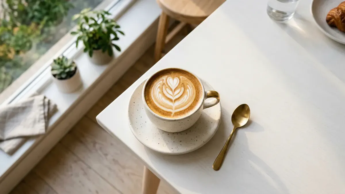 Kopje latte macchiato met latte art op een houten tafel, bovenaanzicht met ochtendlicht
