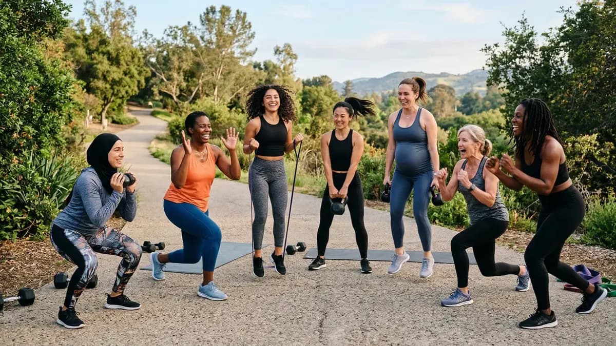 Diverse group of women exercising together outdoors, empowering and healthy, natural daylight
