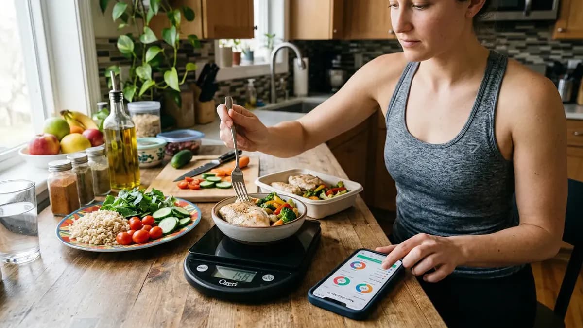 Kitchen scale with healthy foods next to a smartphone showing a nutrition tracking app — concept for macro tracking during weight loss