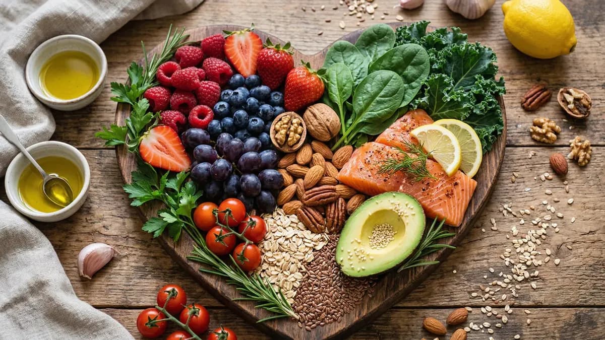 Heart-healthy foods including oats, walnuts, avocado and salmon arranged on a wooden surface for a cholesterol-lowering diet