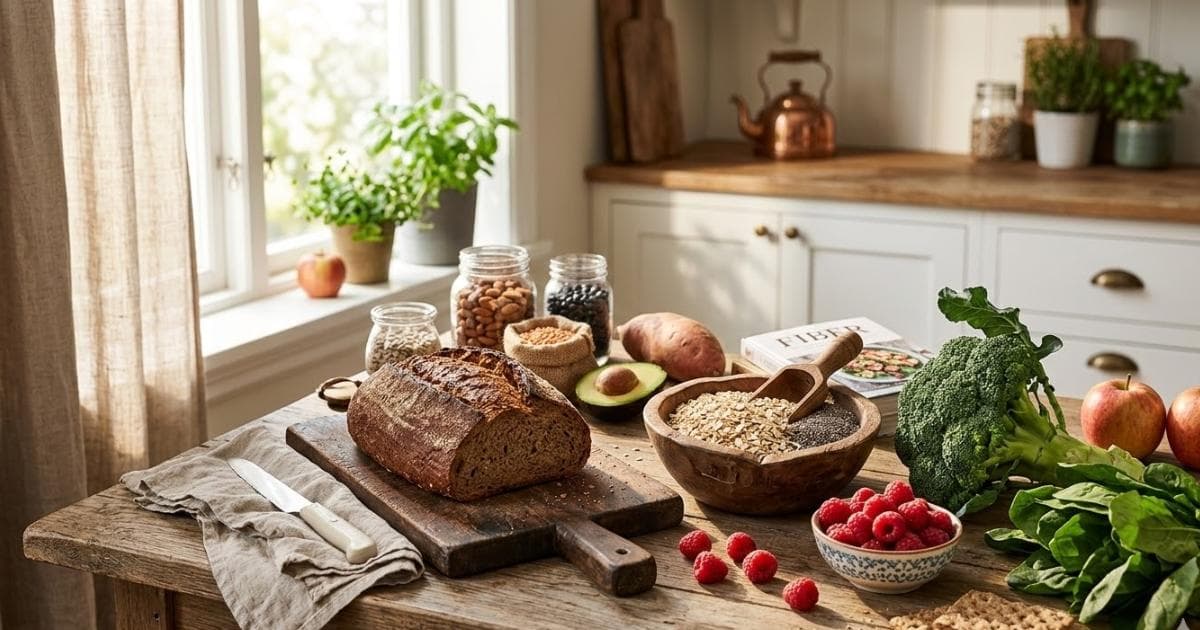 Vezelrijke voeding op een keukentafel: linzen, volkoren brood, fruit en groenten