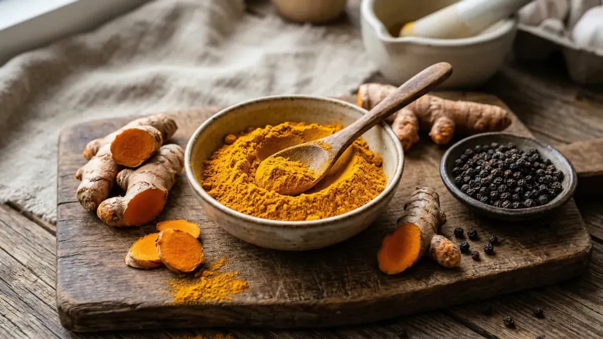 Golden turmeric powder with fresh turmeric roots and black peppercorns on a wooden surface