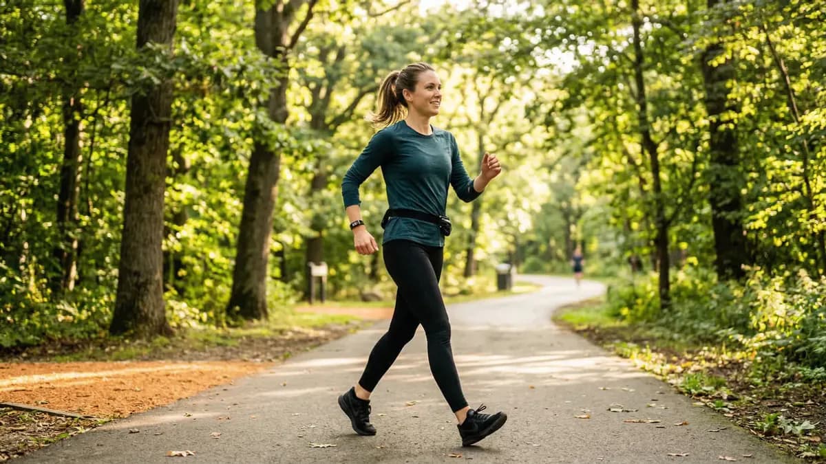 Person walking briskly on a tree-lined path, fitness tracker on wrist, morning light, active lifestyle photography
