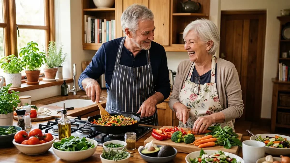 Older couple cooking a healthy meal together with fish, vegetables and legumes in a warm kitchen