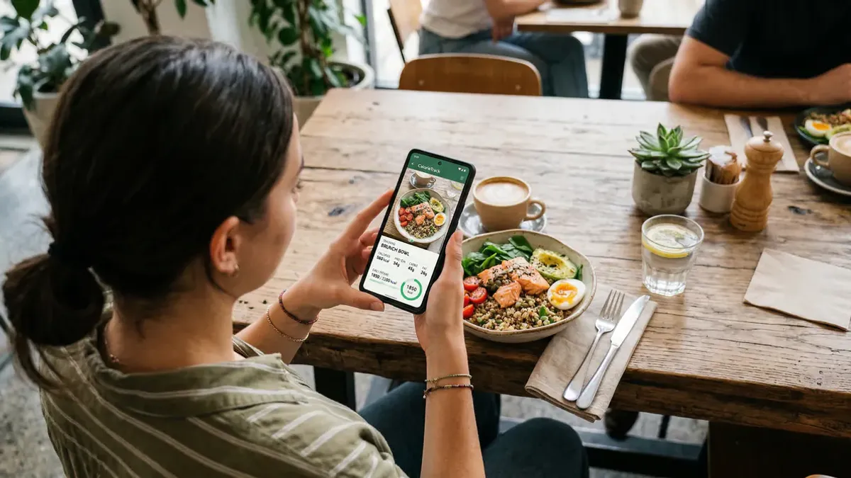 Person photographing a meal with a smartphone to track calories and nutritional values