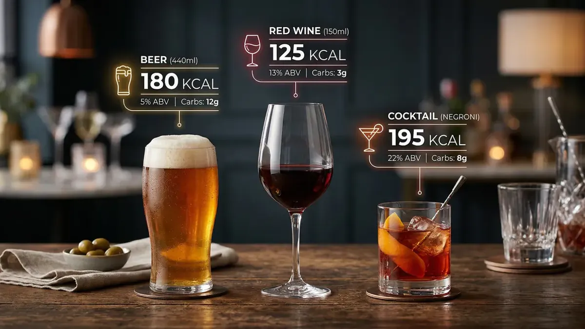 Verschillende alcoholische drankjes naast elkaar op een bartafel met warm licht, van bier tot cocktails in een moderne sfeer