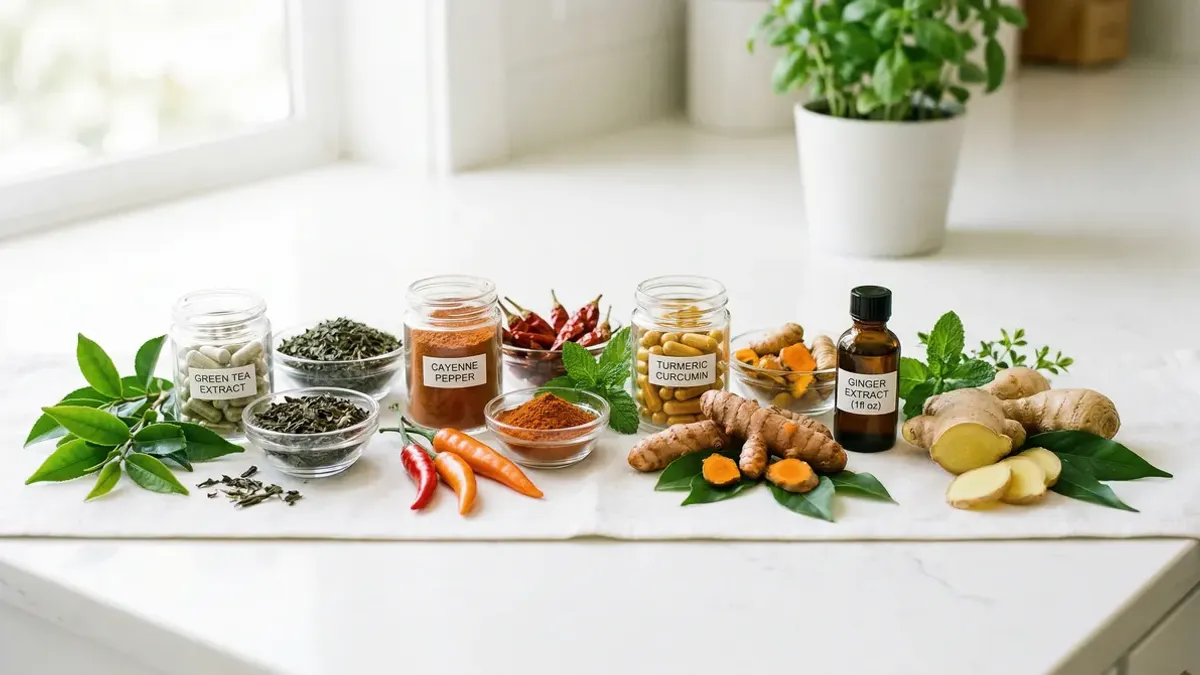 Natural metabolism-boosting supplements arranged on a white surface including green tea extract, cayenne pepper and vitamins