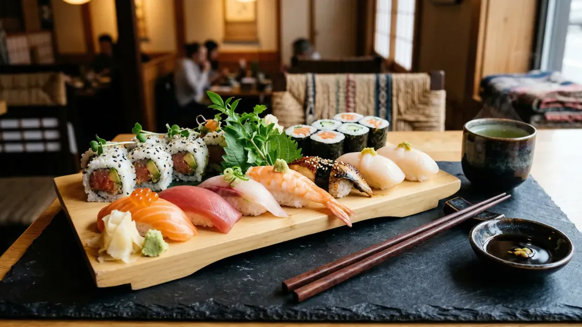Sushi platter with nigiri, maki, and sashimi on a dark slate board with chopsticks, overhead view
