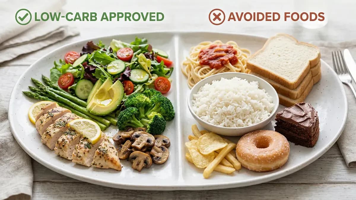 Plate divided in two: on one side low-carb approved foods, on the other side foods to avoid, clean comparative food photography