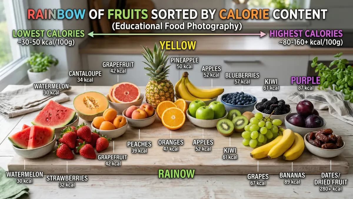 Kleurrijke selectie van fruitsoorten gerangschikt op caloriegehalte, van aardbeien tot avocado en dadels