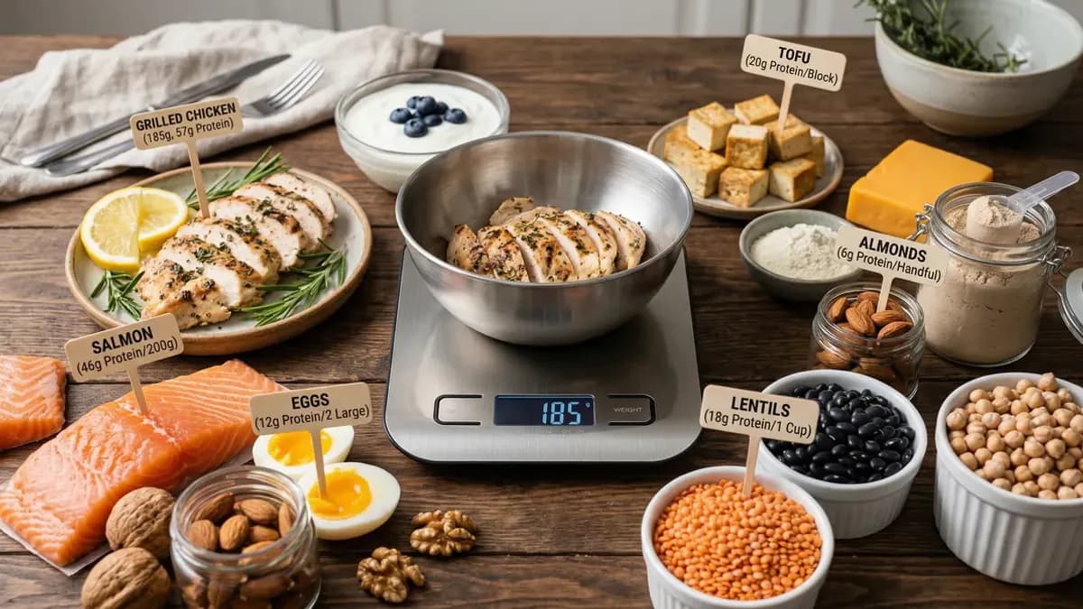 Verschillende eiwitrijke voedingsmiddelen zoals kipfilet, eieren, kwark en peulvruchten naast een weegschaal met grammen aanduiding