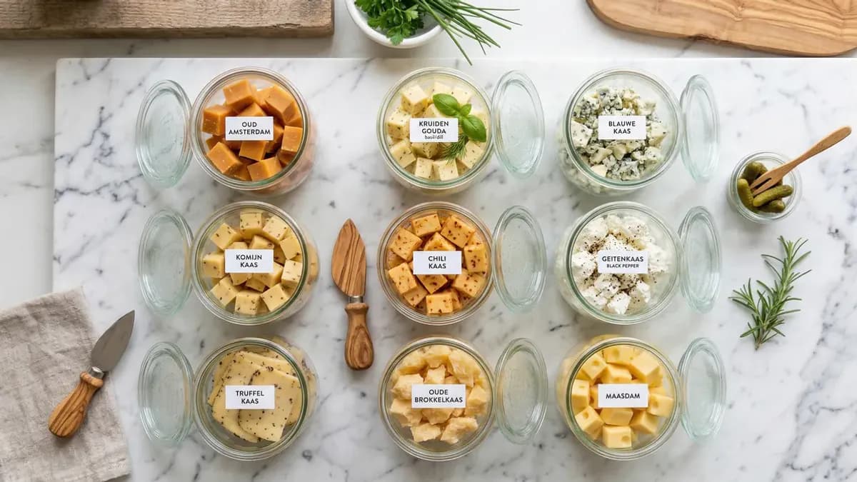 Verschillende kaassoorten op een houten plank met calorieën per plak kaas vergelijking