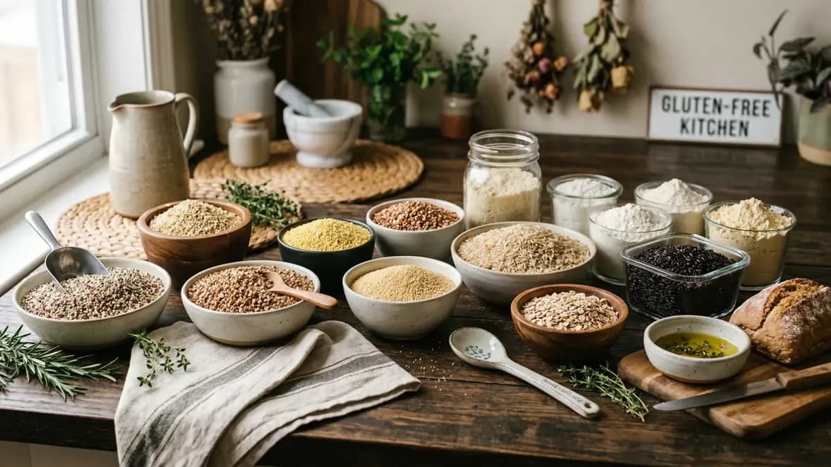 Gluten-free grains and alternatives such as buckwheat, quinoa and rice on a wooden board