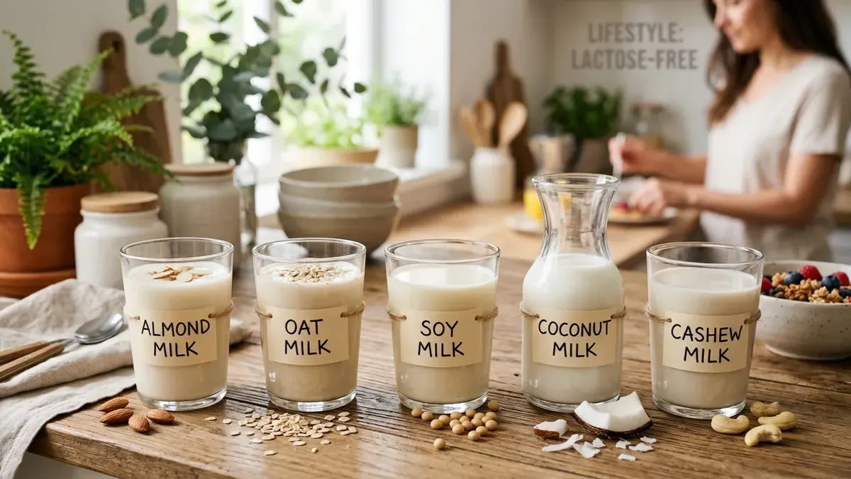 Plant-based milk alternatives in glasses next to a glass of lactose-free milk