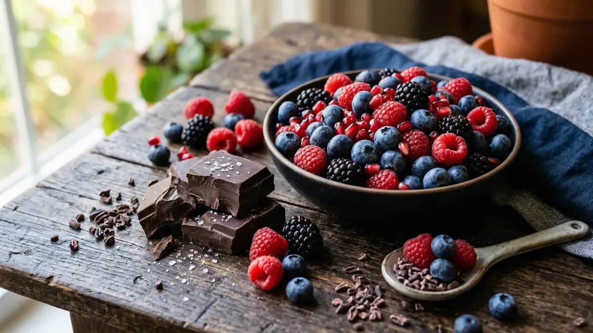 Colourful antioxidant-rich berries and dark chocolate on a wooden board