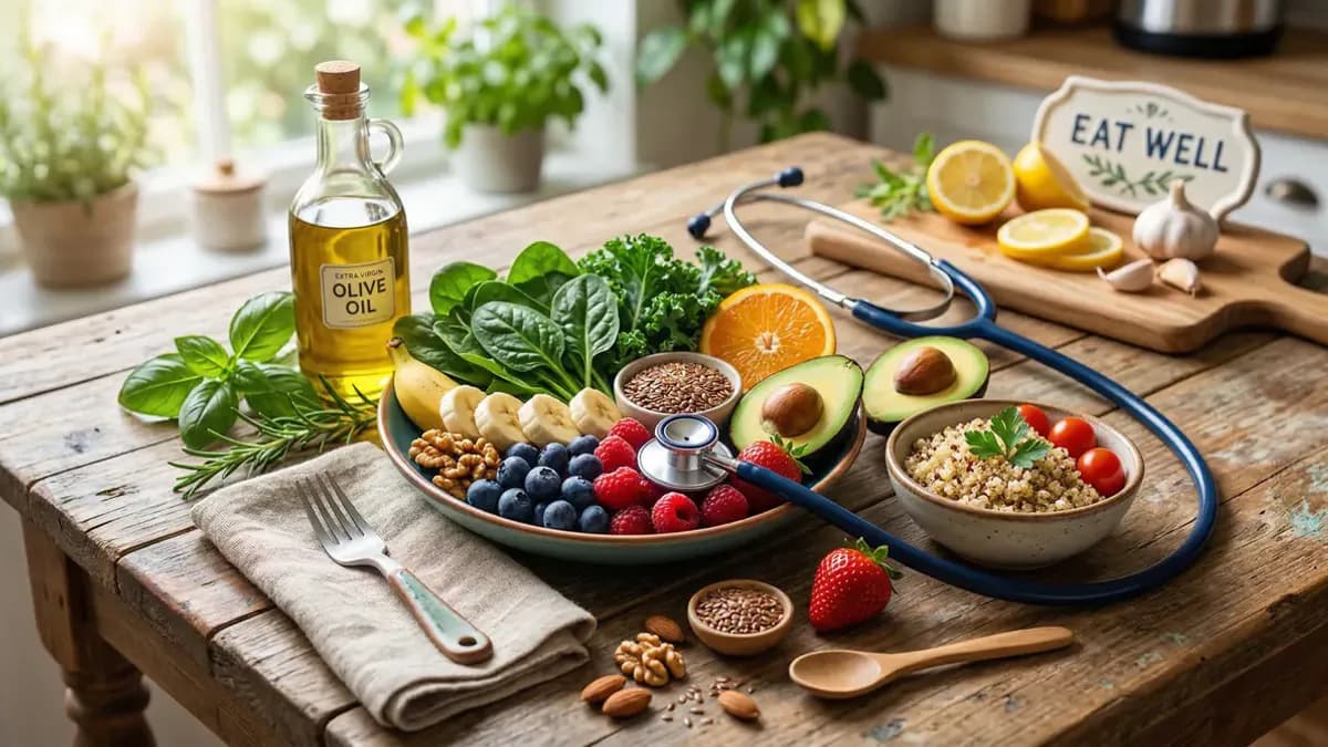 Blood pressure-friendly foods including beetroot, garlic and leafy greens arranged on a surface