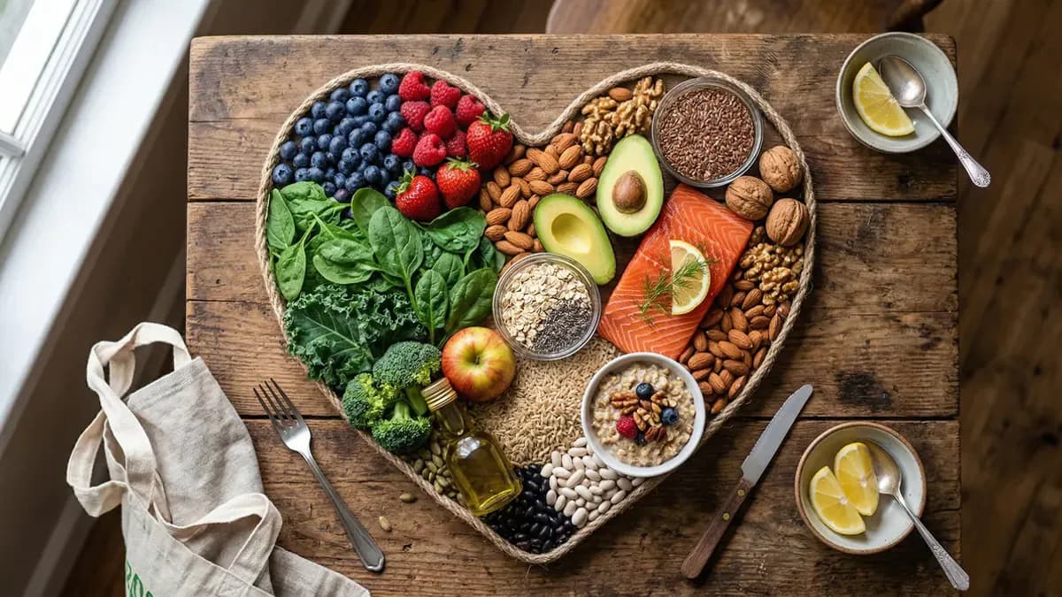 Heart-healthy cholesterol-lowering foods including nuts, oily fish and oats arranged on a wooden board