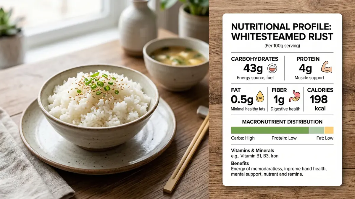 Kom dampende witte rijst, bruine zilvervliesrijst en parboiled rijst naast elkaar op een houten snijplank, met macro-etiketten die calorieën, koolhydraten en vezels tonen