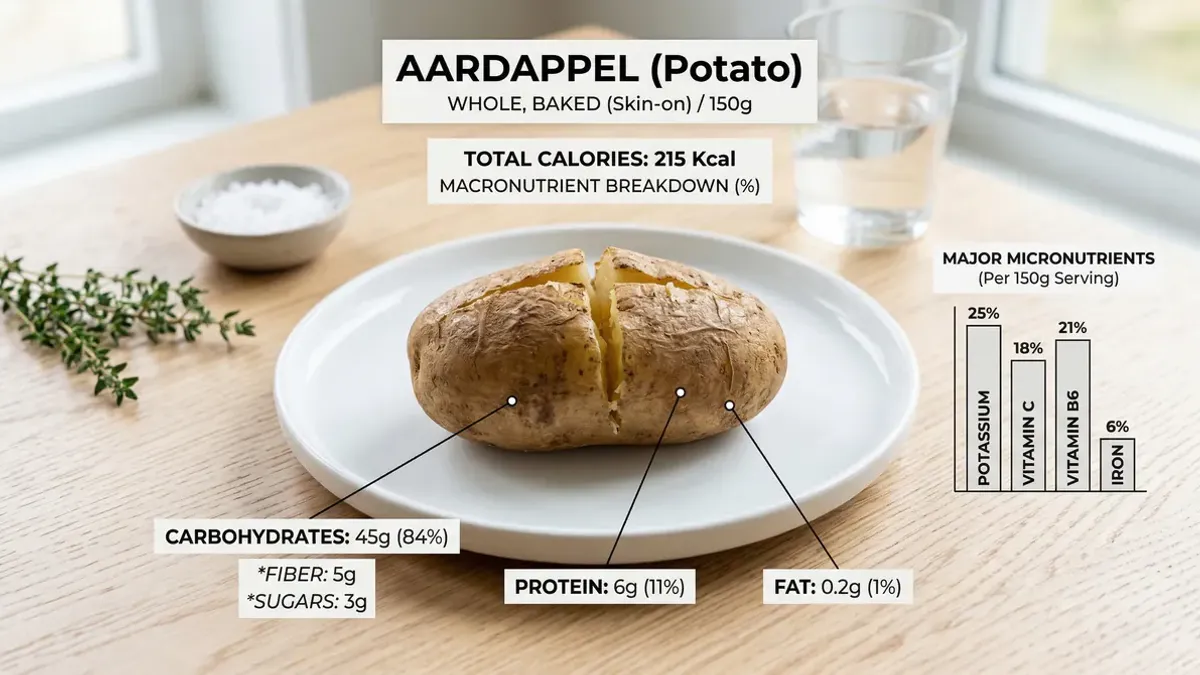 Gekookte aardappelen, een gepofte aardappel en gebakken aardappelpartjes naast elkaar met macro-etiketten die calorieën, kalium en vitamine C tonen