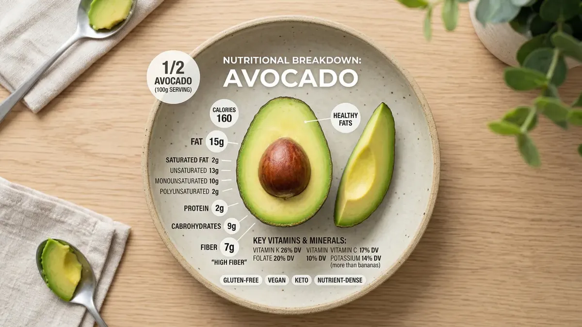 Sliced avocado on a wooden board with macro labels showing calories, healthy fats, fiber and potassium values alongside a whole avocado