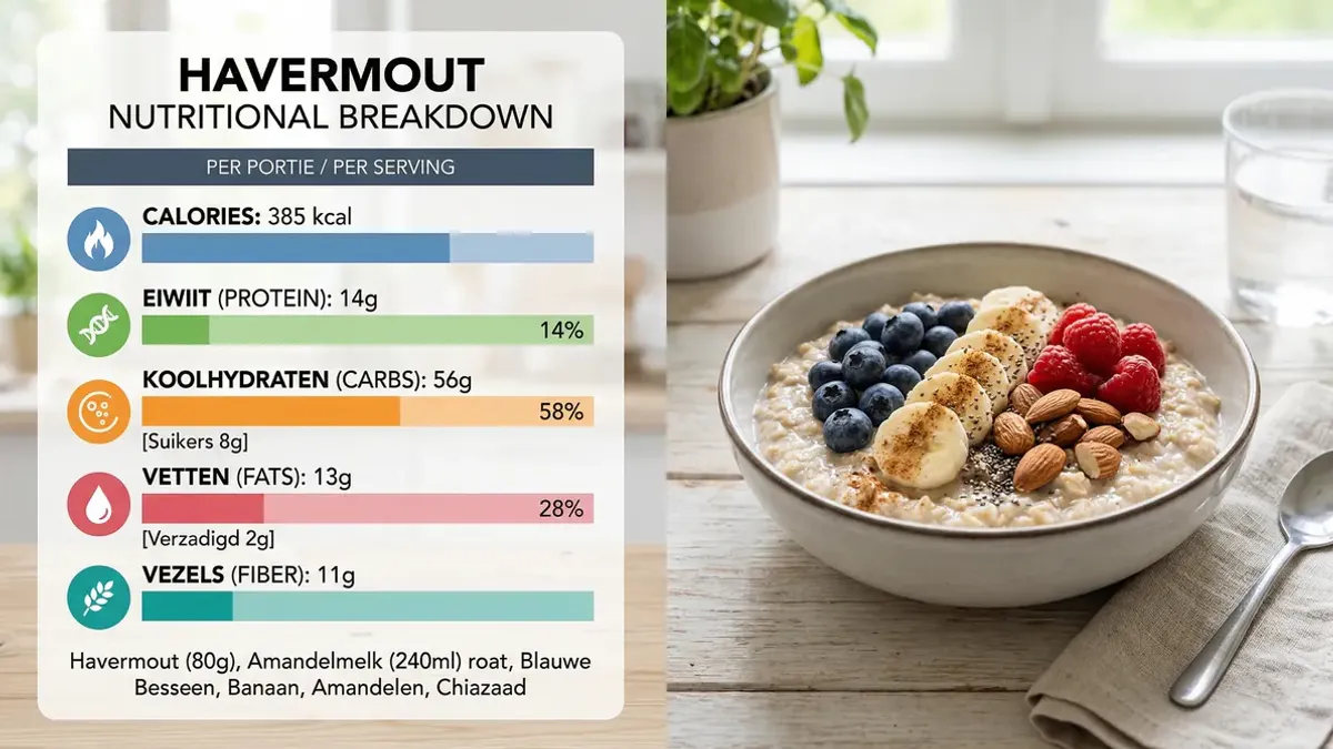 Bowl of steaming oatmeal with oat flakes, berries and nuts on a wooden table with macro labels showing calories, protein and fiber values