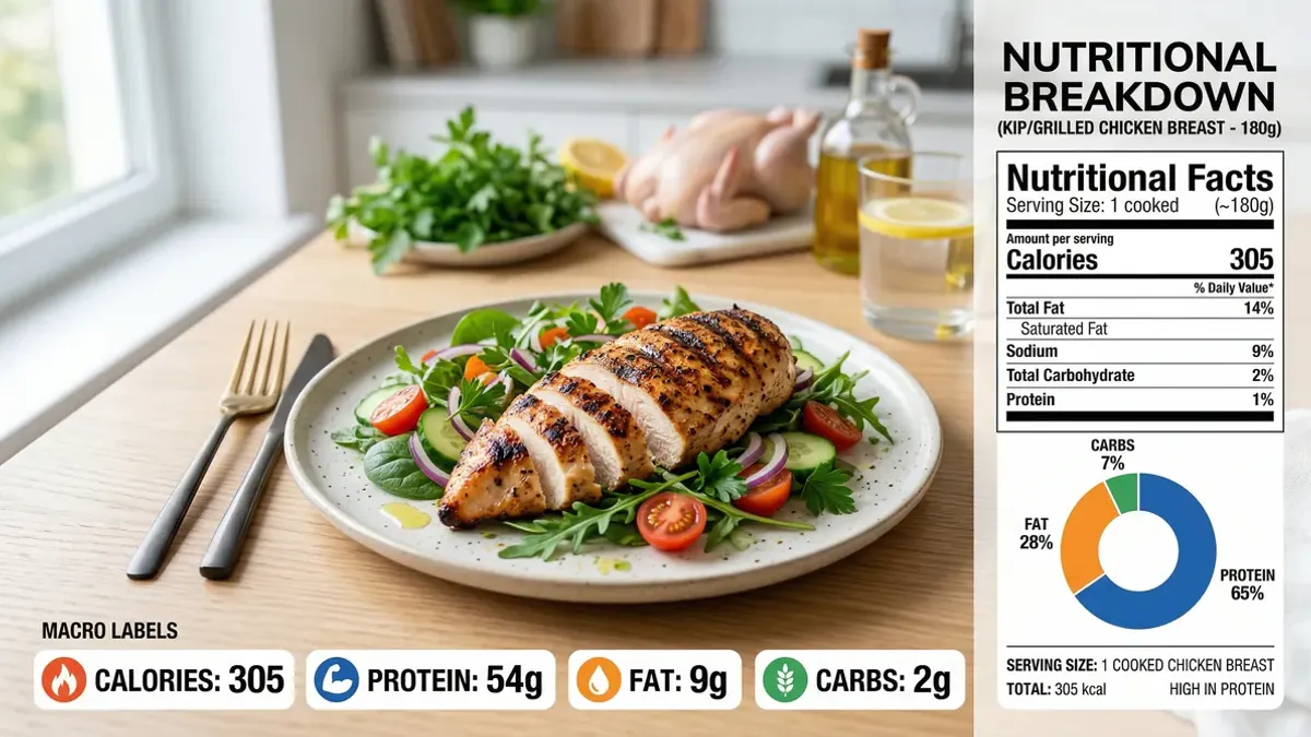 Chicken breast, chicken thigh and drumsticks side by side on a cutting board with macro labels showing calories, protein and fat values per preparation method