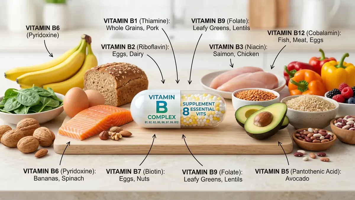 Vitamine B complex capsules en natuurlijke voedingsbronnen zoals volkoren brood, eieren, vlees en groene groenten op een lichte achtergrond