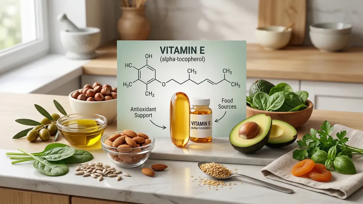 Vitamine E rijke voedingsmiddelen waaronder amandelen, zonnebloempitten, avocado, spinazie en olijfolie op een lichte achtergrond