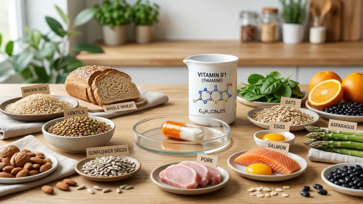 Vitamin B1 rich foods including whole grain bread, pork, sunflower seeds, legumes and brown rice on a wooden table
