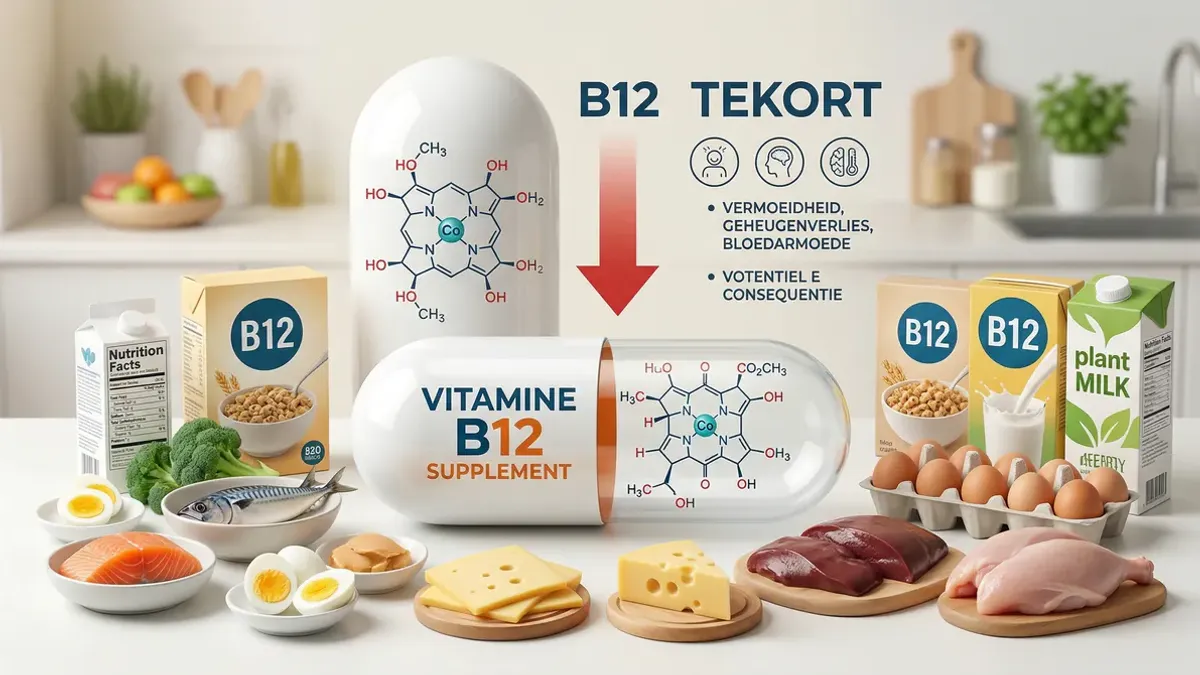 Foods rich in vitamin B12 including meat, fish, eggs and dairy products alongside a blood test form on a blue background