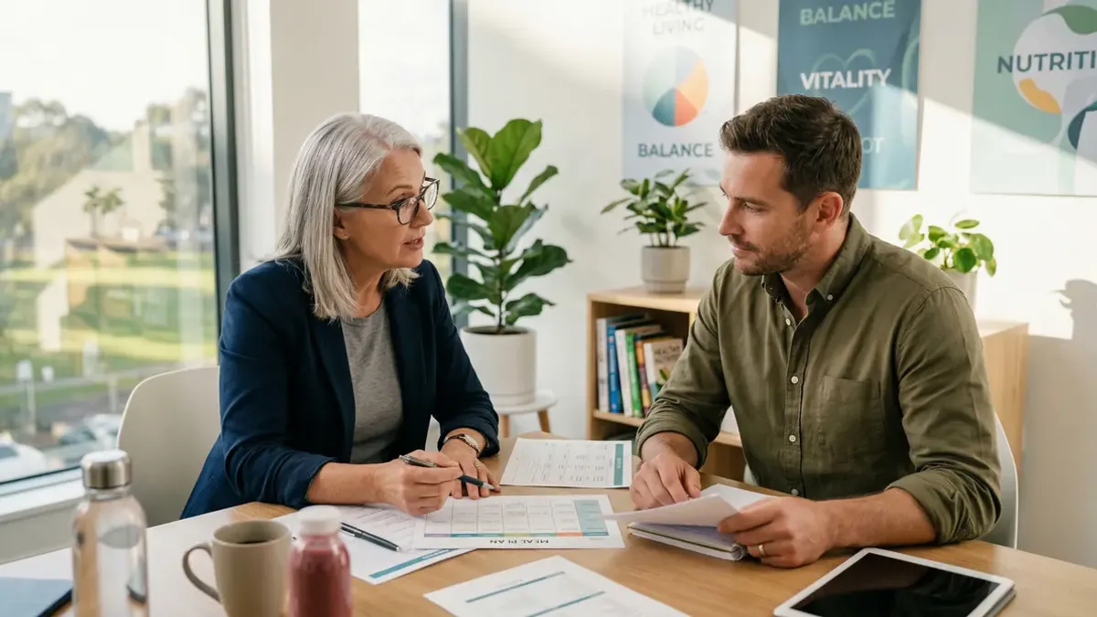 Personal diet coaching session with a consultant reviewing a meal plan with a client — 1:1 Diet programme guidance