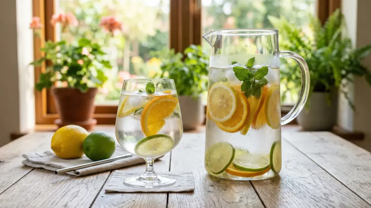 Helder glas water naast een waterkaraf met citroenplakjes op een zonnige tafel, symbool van dagelijkse hydratatie