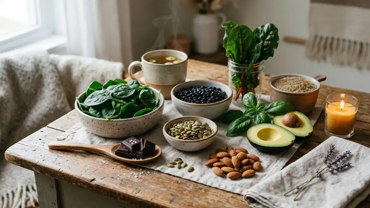 Magnesium-rich foods including pumpkin seeds, almonds and dark chocolate