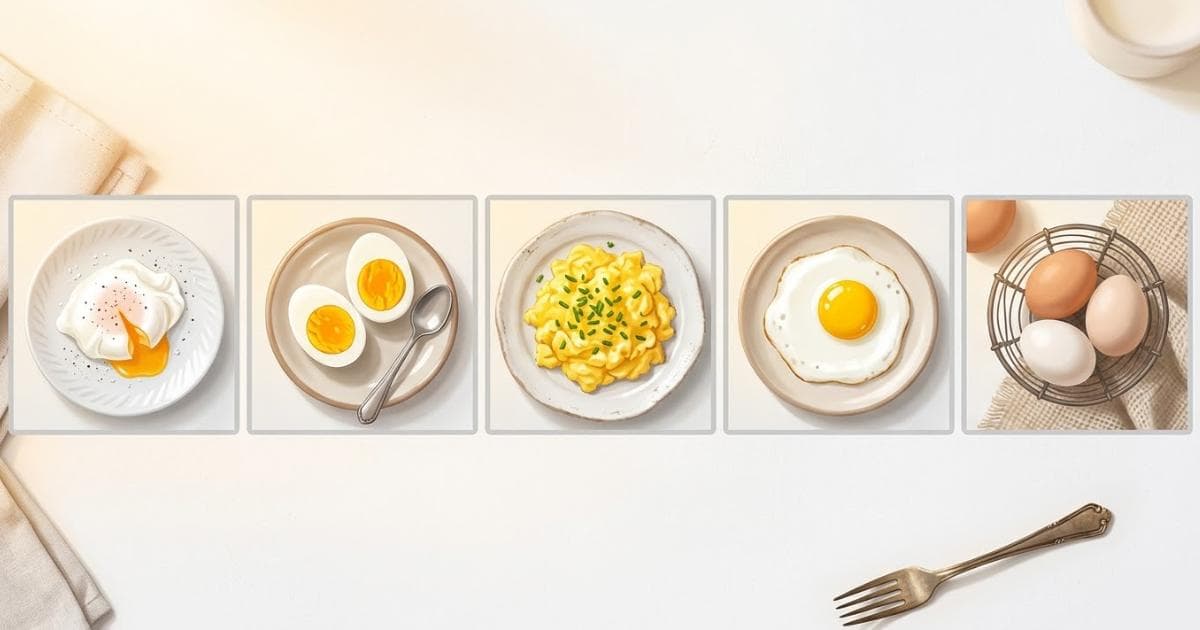 Verschillende bereidingswijzen van eieren op een keukentafel — gekookt, gebakken en gepocheerd met calorieën per ei