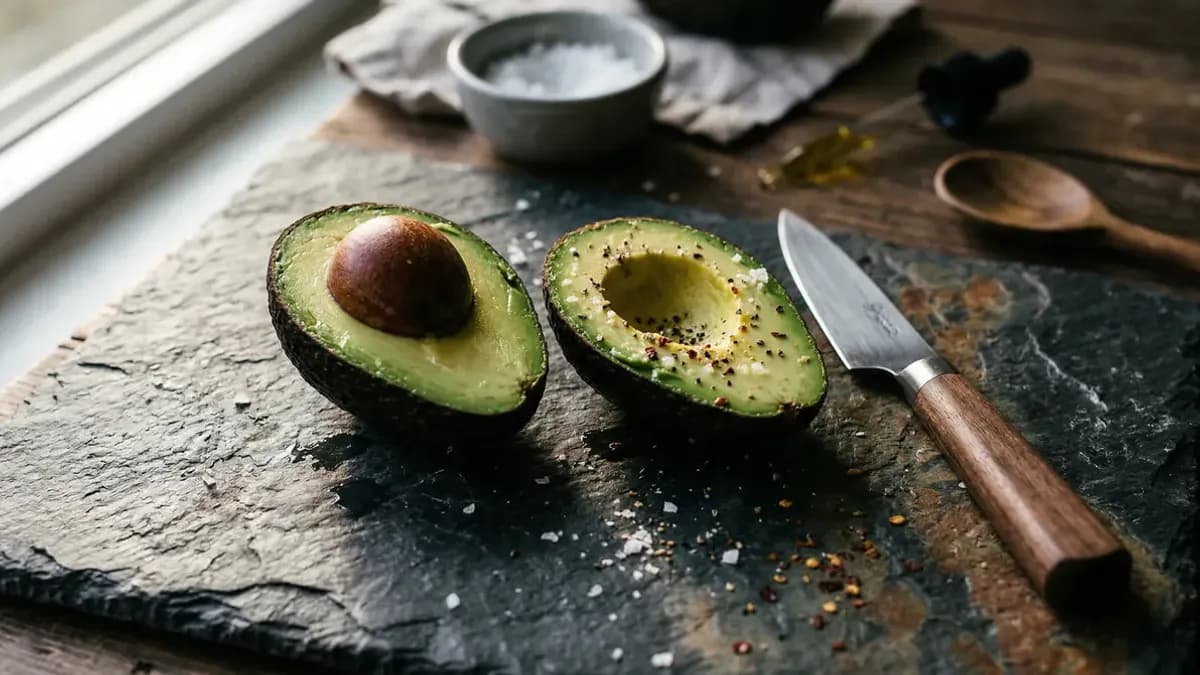Doorgesneden rijpe avocado met pit op een houten snijplank, met voedingswaarden overlay