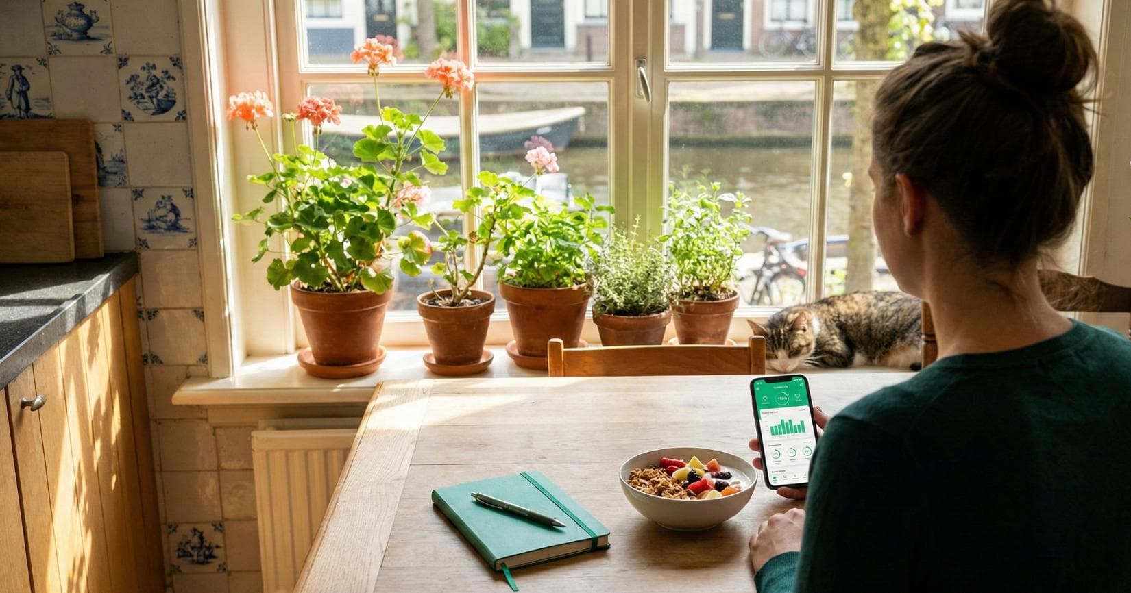 Persoon aan een keukentafel met een gezonde maaltijd en smartphone voor calorieën tellen — beginnersgids