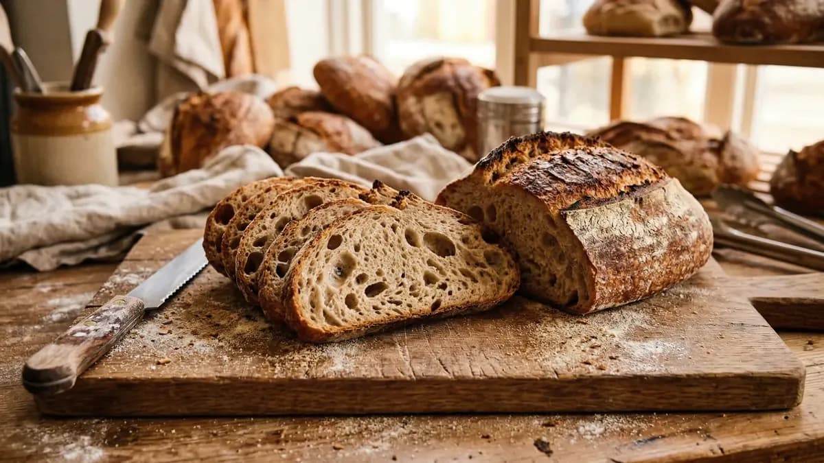 Gesneden artisanaal brood op een rustieke snijplank met zichtbare textuur, brood calorieën per sneetje overzicht