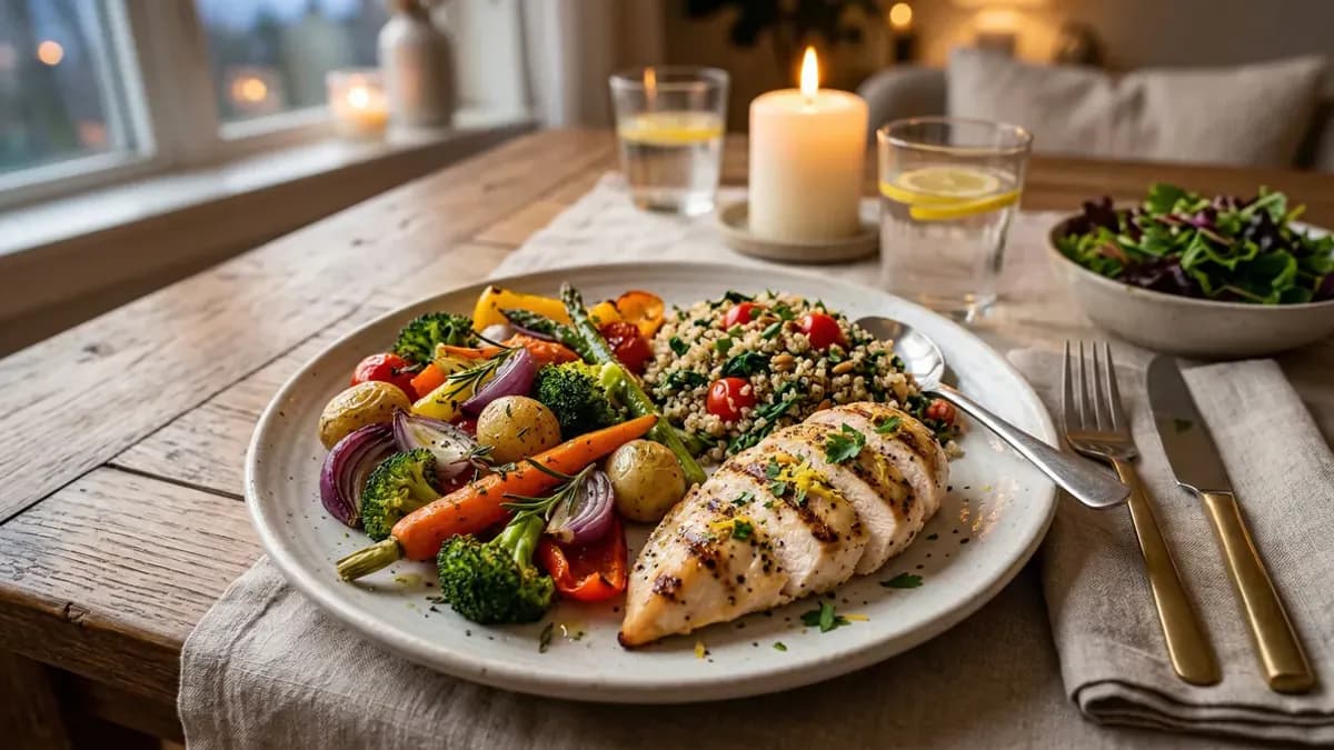 Colourful healthy dinner plate with salmon, broccoli and sweet potato neatly divided according to the portion rule on a white plate