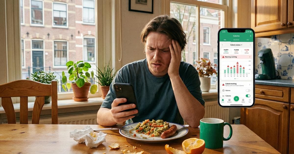 Persoon kijkt gefrustreerd naar calorie tracker app op telefoon terwijl er eten op tafel staat
