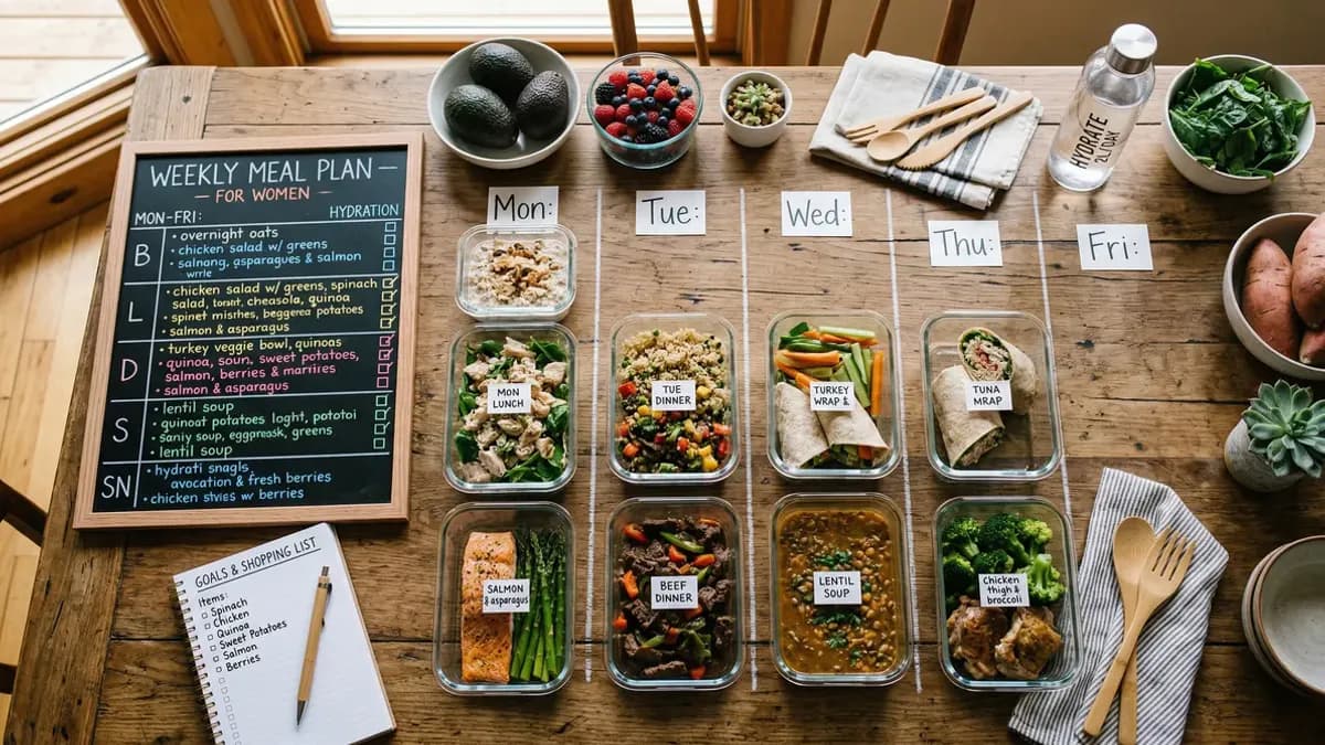 Weekly meal plan for women laid out on a table with prepared meals, vegetables, and healthy ingredients for weight loss