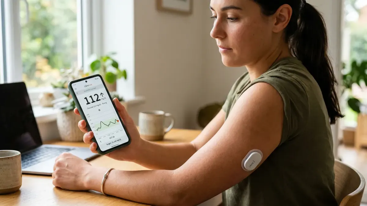 CGM sensor on an arm with a smartphone app showing blood glucose readings — measuring blood sugar without finger pricks