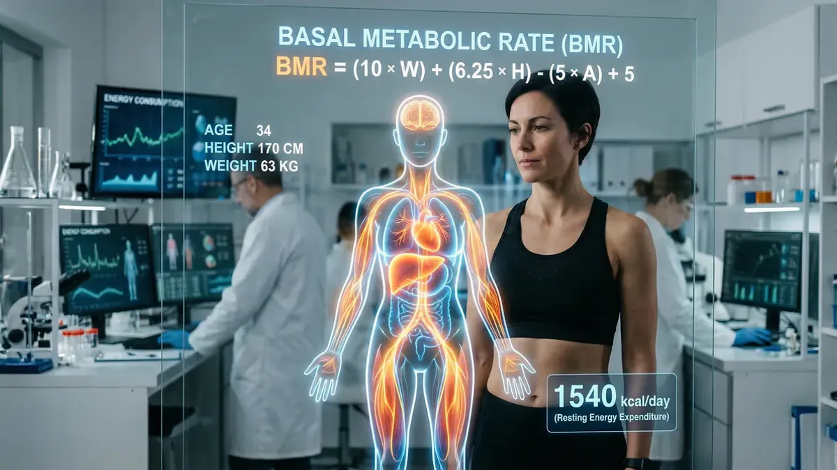 Scientific diagram of the human body with energy visualisation showing the Mifflin-St Jeor BMR formula for basal metabolic rate calculation