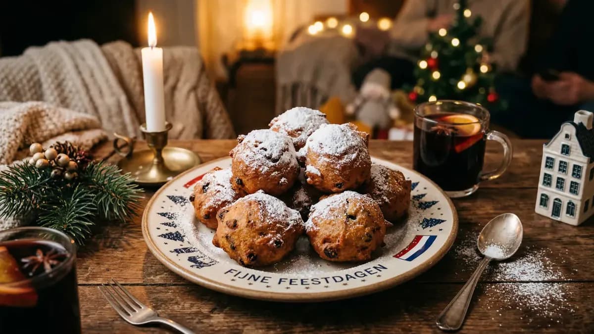 Traditional Dutch oliebollen dusted with powdered sugar on a festive plate, cozy winter atmosphere