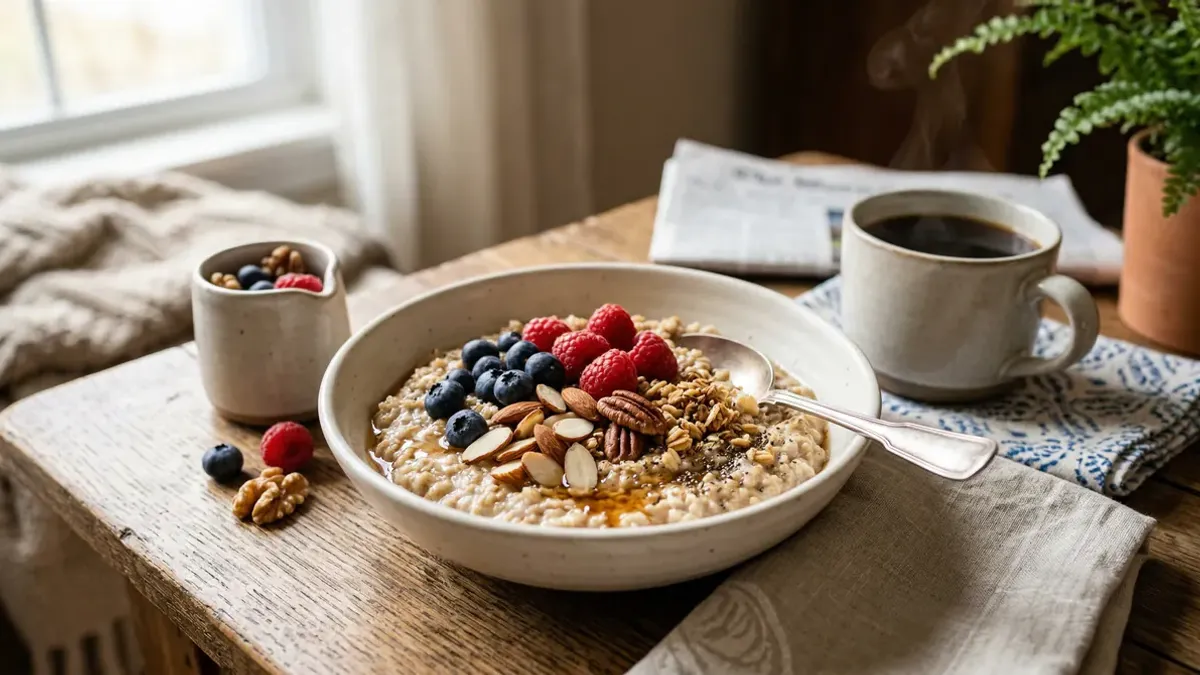 Bowl of oatmeal topped with fresh berries and nuts for healthy weight management breakfast, cozy morning photography