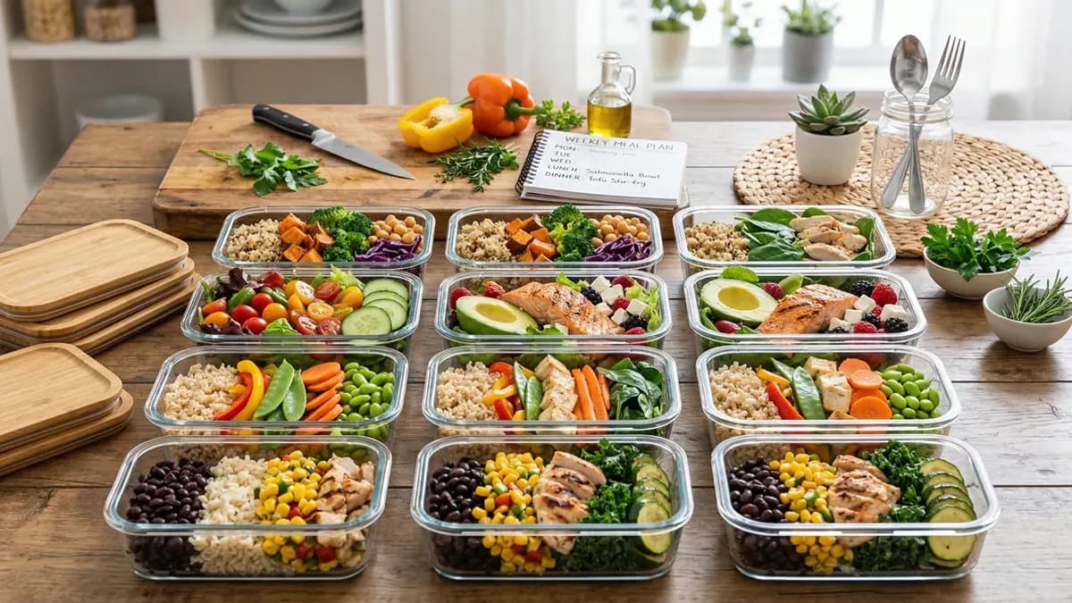 Colourful healthy meal bowls with fresh vegetables, wholegrains and protein-rich ingredients on a wooden table