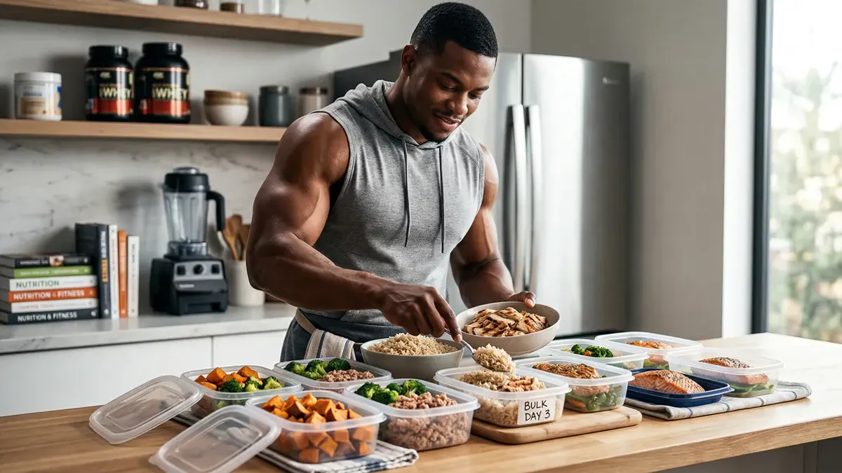 Person with meal prep containers filled with chicken, rice and vegetables next to training weights — meal plan for muscle building